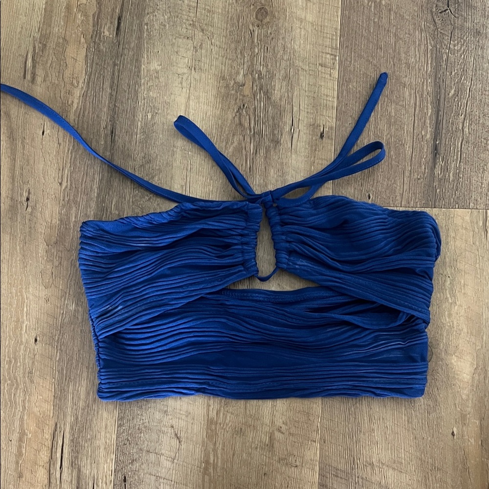 Ruched Blue Bandeau Crop Top with Tie Halter
